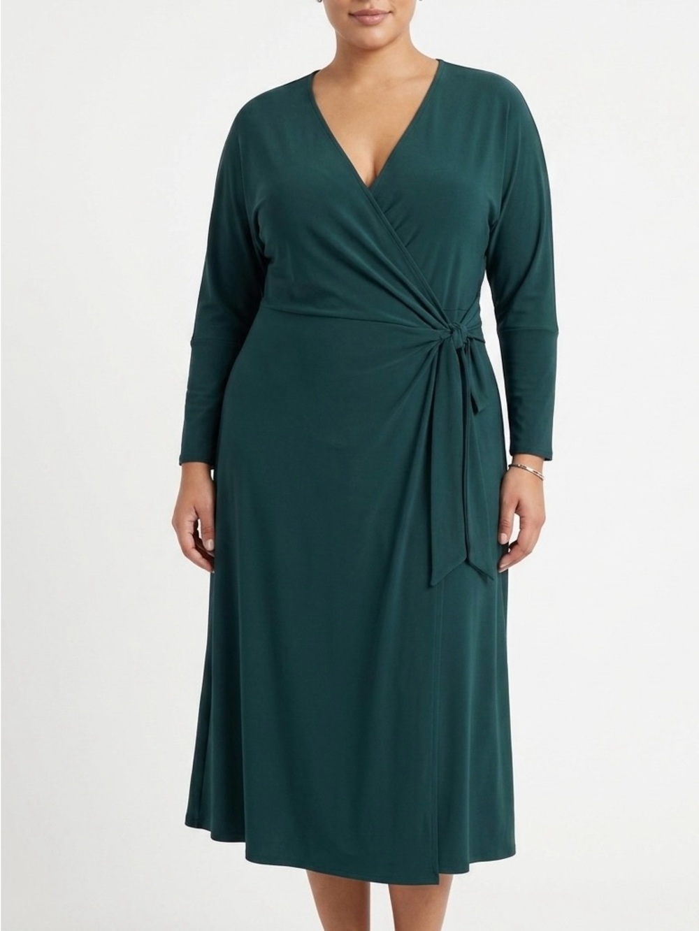 UNIVERSAL STANDARD Forest Green Stretch Jersey Tie Wrap Midi Dress M / 18-20